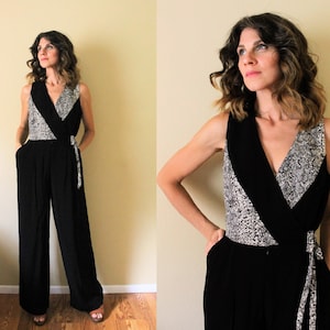 1990s Jumpsuit / 90s Jumpsuit / 1990s 90s Color Block Wrap Style Black and White Palazzo Pants Wide Leg Snake Print Repltile Print Jumpsuit