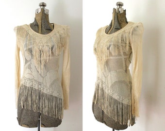 1970s Sheer Mesh Fringe Blouse / 70s Blouse / 1970s Ecru Ivory Knit Fringe Asymmetrical Mesh Blouse