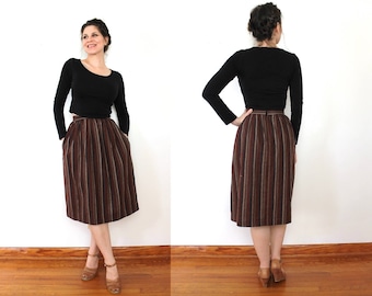 Vintage Wollrock / 1970er Rock / 70er Jahre Braun und Maroon Dunkel neutral gestreift Wolle High Waisted Rock