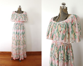 anni 1970 maxi abito / vestito anni ' 70 / 1970s verde e rosa pastello floreale formale Boho Maxi abito con Cape
