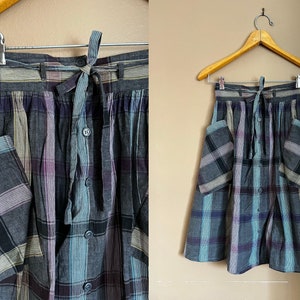 Vintage 80s Skirt / 1980s Plaid Skirt / 80 High Waisted Plaid Full Skirt With Big Pockets