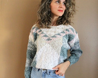 1980s Sweater / 80s Linen Knit Sweater / 1980s 80s 1990s Deco Chunky Knit Sweater