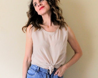 prairie blouse 1980s light taupe beige color silky light weight blouse with tie and buttons cowgirl western