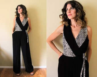 1990s Jumpsuit / 90s Jumpsuit / 1990s 90s Color Block Wrap Style Black and White Palazzo Pants Wide Leg Snake Print Repltile Print Jumpsuit