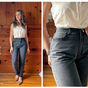 1980s Black Denim / 1990s 90s High Waisted Black Faded Jeans with Eyelet Lace Trim Detail / Vintage 90s Mom Jeans