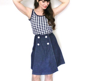 1960s Denim Skirt / 60s Nautical Sailor High Waisted Denim Skirt Skort