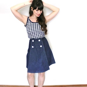 1960s Denim Skirt / 60s Nautical Sailor High Waisted Denim Skirt Skort