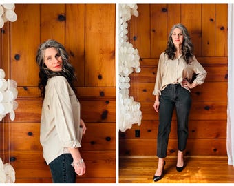 Vintage 1990s Oversized Button Up Shirt / 90s Tan Safari Button Front Collared Shirt