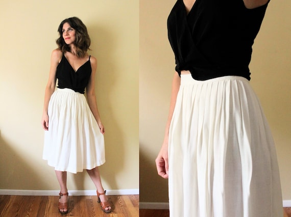 Vintage Ivory White Linen Skirt / 80s Pleated Whit