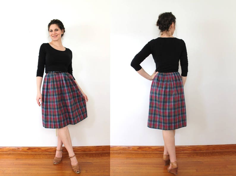 Plaid Wool Skirt 1980s Skirt 80s Skirt 1980s High Waist Colorful Plaid Wool Skirt