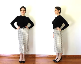 Plaid Pencil Skirt / 1980s Skirt / 80s Does 1950s High Waisted Black Cream and Plaid Silk and Rayon 50s Style Pencil Skirt