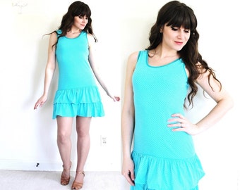 90s Dress / 1990s 1980s Scooter Mini Dress / Turquoise Ruffle Dress