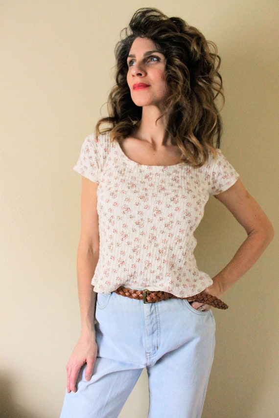 1990s Floral Babydoll Shirt / 1990s 90s Creamy Whi