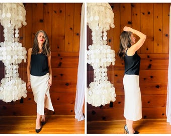 1990s Knit Pencil Skirt / 90s Ivory Cable Knit Slit Midi Skirt