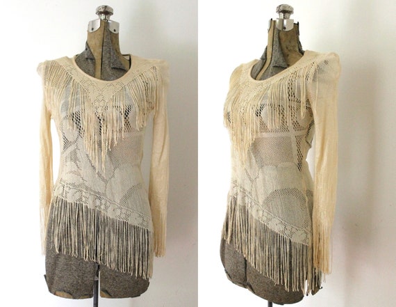 1970s Sheer Mesh Fringe Blouse / 70s Blouse / 1970