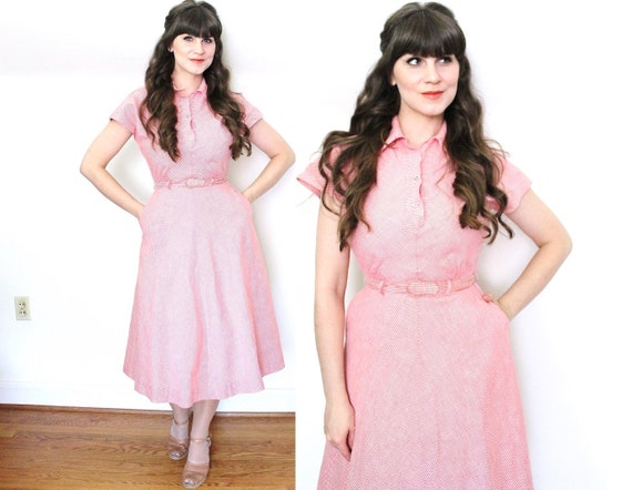 1940s Dress / 40s Dress / 1940s Red Cotton Day Dre