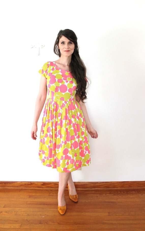 50s Dress / 1950s Pink and Chartreuse Bubble Polk… - image 2