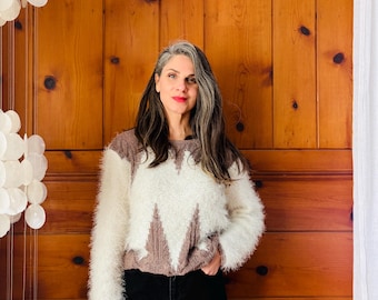 1980s Fuzzy Sweater / 80s Vintage White and Tan Wool Sweater