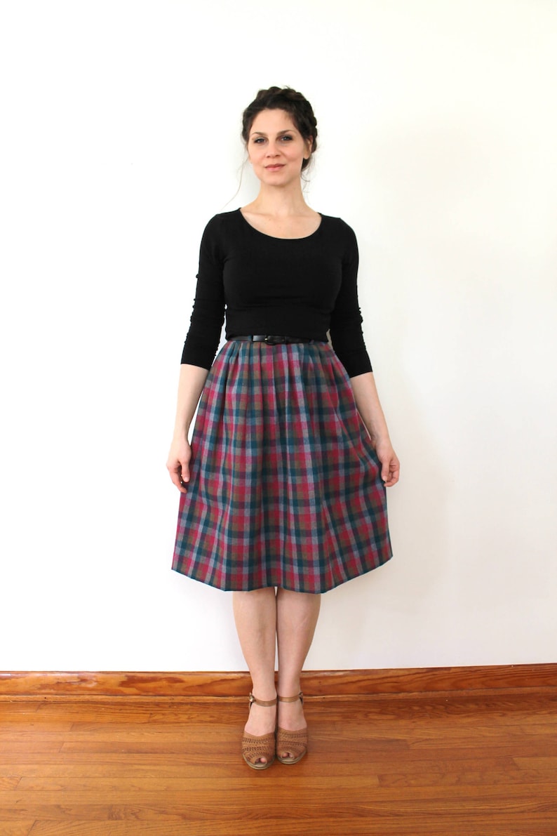 Plaid Wool Skirt 1980s Skirt 80s Skirt 1980s High Waist Colorful Plaid Wool Skirt