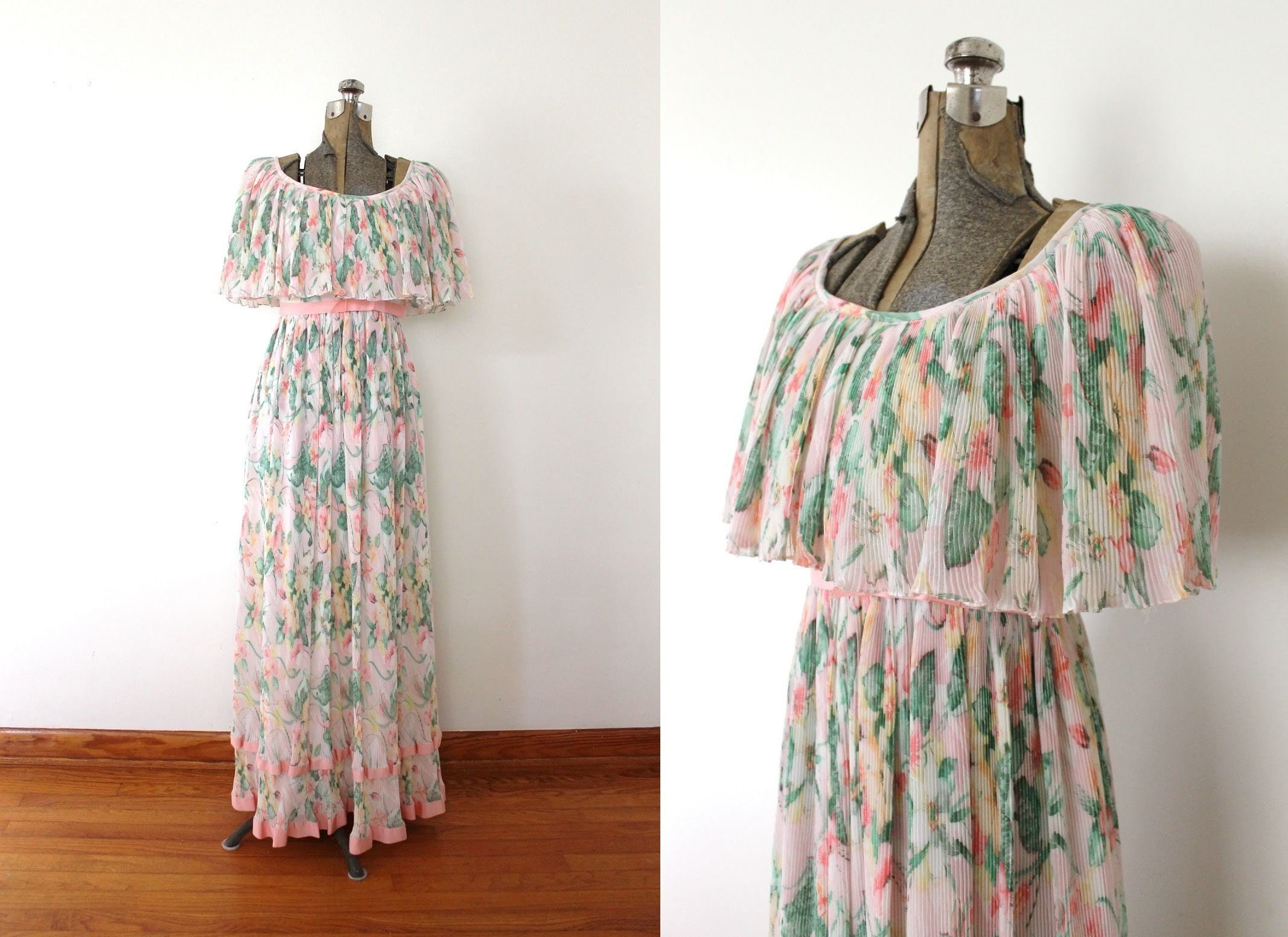 1970s Maxi Dress / 70s Dress / 1970s Pastel Floral Pink and | Etsy