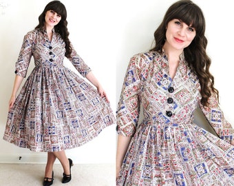 1950s Dress / 50s Dress / 50s Folk Print Full Skirt Dress