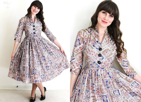 1950s Dress / 50s Dress / 50s Folk Print Full Skir