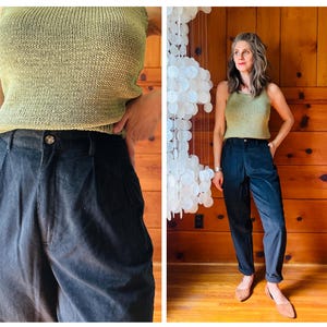 Vintage zwarte corduroy broek jaren 90 / jaren 90 hoog getailleerde zwarte geplooide corduroys