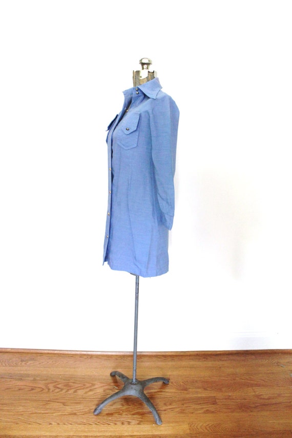 1970s Mini Dress / 70s Chambray Blue Western Mini… - image 3