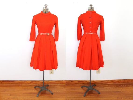 60s 50s Dress / 1950s 1960s Red Wool Button Back D