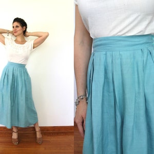 Vintage Linen Midi Skirt / 90s Midi Skirt / 1990s Light Aqua High Waisted High Waist Pleated Midi Linen Skirt