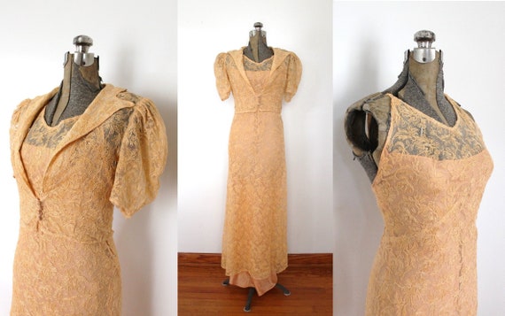 1930s Peach Tambour Lace Gown / 1930s 30s Peach Pi