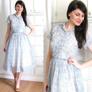 50s Dress / 1950s Dess / 1950s Sheer Blue Overlay Paisley Full Skirt Dress