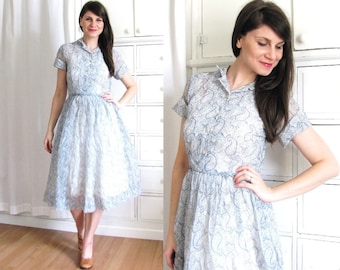 50s Dress / 1950s Dess / 1950s Sheer Blue Overlay Paisley Full Skirt Dress