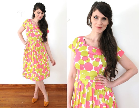 50s Dress / 1950s Pink and Chartreuse Bubble Polk… - image 1