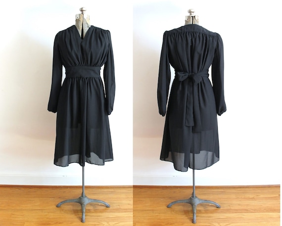 1970s Black Dress / 70s Boho Sheer Black Dress