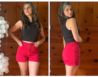 1990s Vintage Red High Rise Jean Shorts / Red Denim Shorts