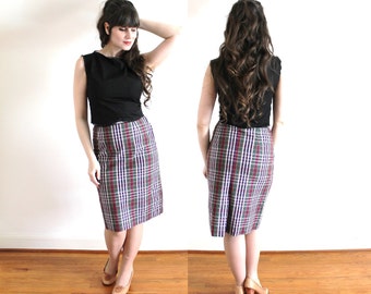 1960s Plaid Skirt / Plaid 60s Pencil Skirt