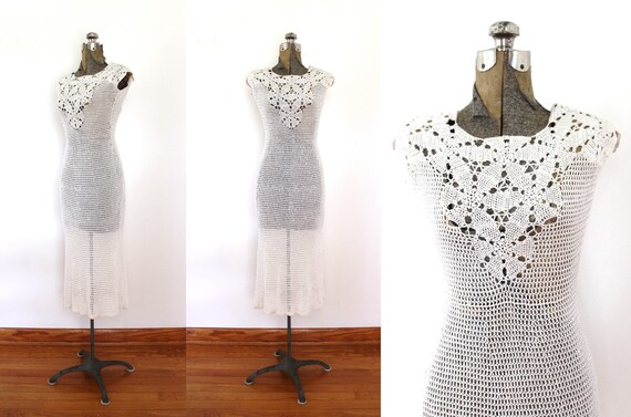 1940s Crochet Dress / 40s Dress / 1940s Ivory Whit