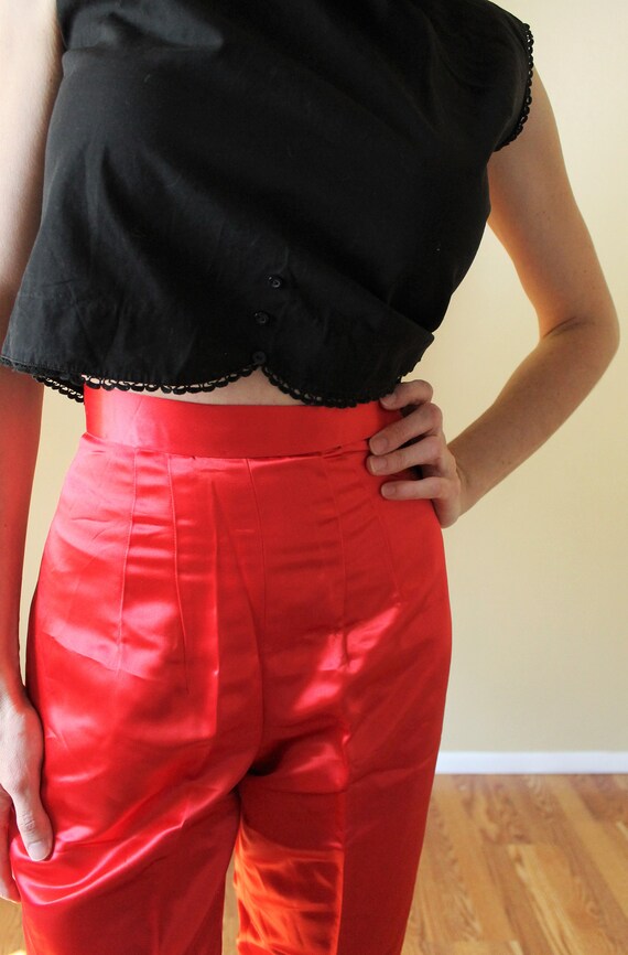 1950s Satin Capri Pants / 1950s Hollywood High Waist Red Satin 50s