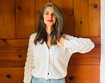 1980s White Cropped Cardigan / 80s White Knit Cropped Sweater