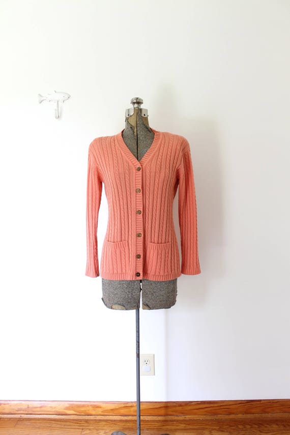 70s Coral Cardigan / Coral Pink 1970s Knit Cardiga