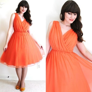 50s Dress / 1950s 1960s Dress / Coral Chiffon Party Dress