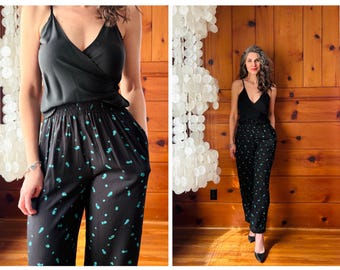 1990s Black Pull on Pants / 90s Crinkle Elastic Waist Dress Pants