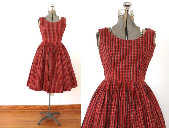 1950s Dress / 50s Dress / 1950s Red Plaid Full Ski