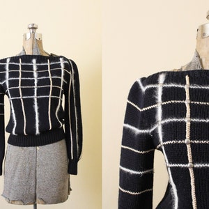 1980s Sweater / 80s Black Geometric Sweater / 1980s Checkered Angrora Black Studded Hand Knit Sweater