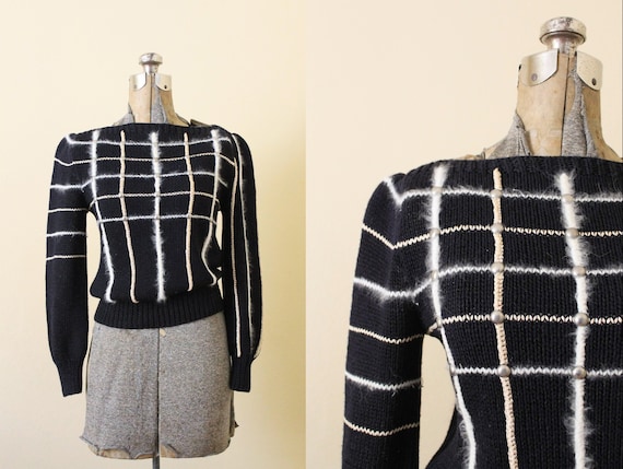 1980s Sweater / 80s Black Geometric Sweater / 1980