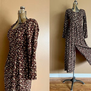 1990s Jumpsuit / 90s Wide Leg Jumpsuit / 1990s 90s Brown Floral Jumpsuit