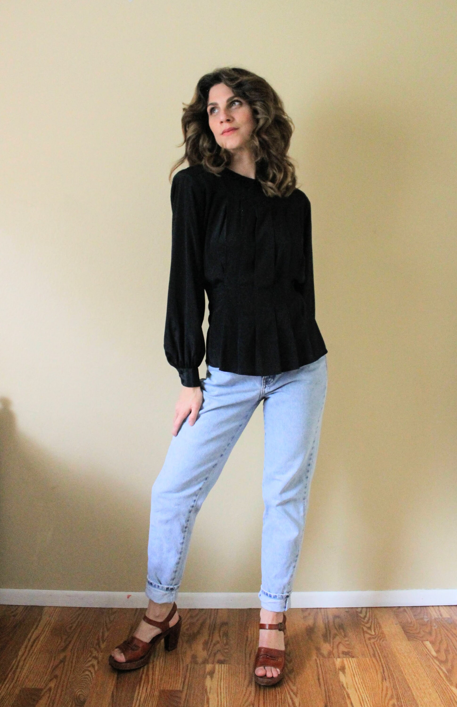 1980s Black Blouse / 80s 1980s Billowy Sleeves Soutache Black Blouse / 80s 1980s Black Silky Long Sleeves Blouse