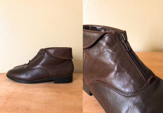 90s Ankle Boots / 1990s Brown Leather Zip-Up Ankle