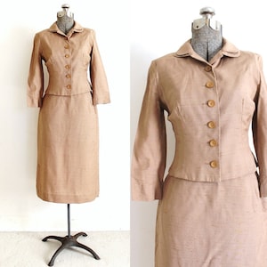 1950s Skirt Suit / 50s Suit / 1950s Tan Beige Sand Silk Suit